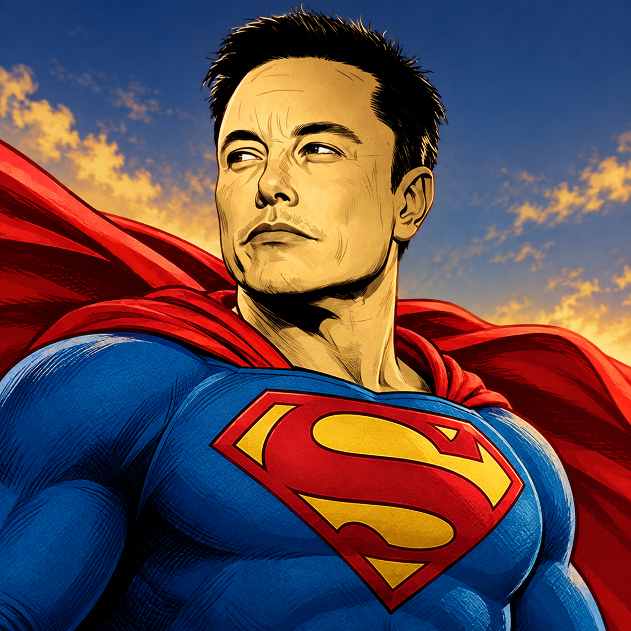 Comic illustration of SuperElon in a blue suit and red cape against a golden sky